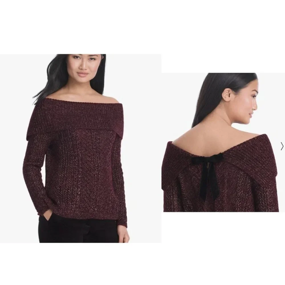 White House Black Market WHBM Purple Burgundy Over Shoulder Sweater
